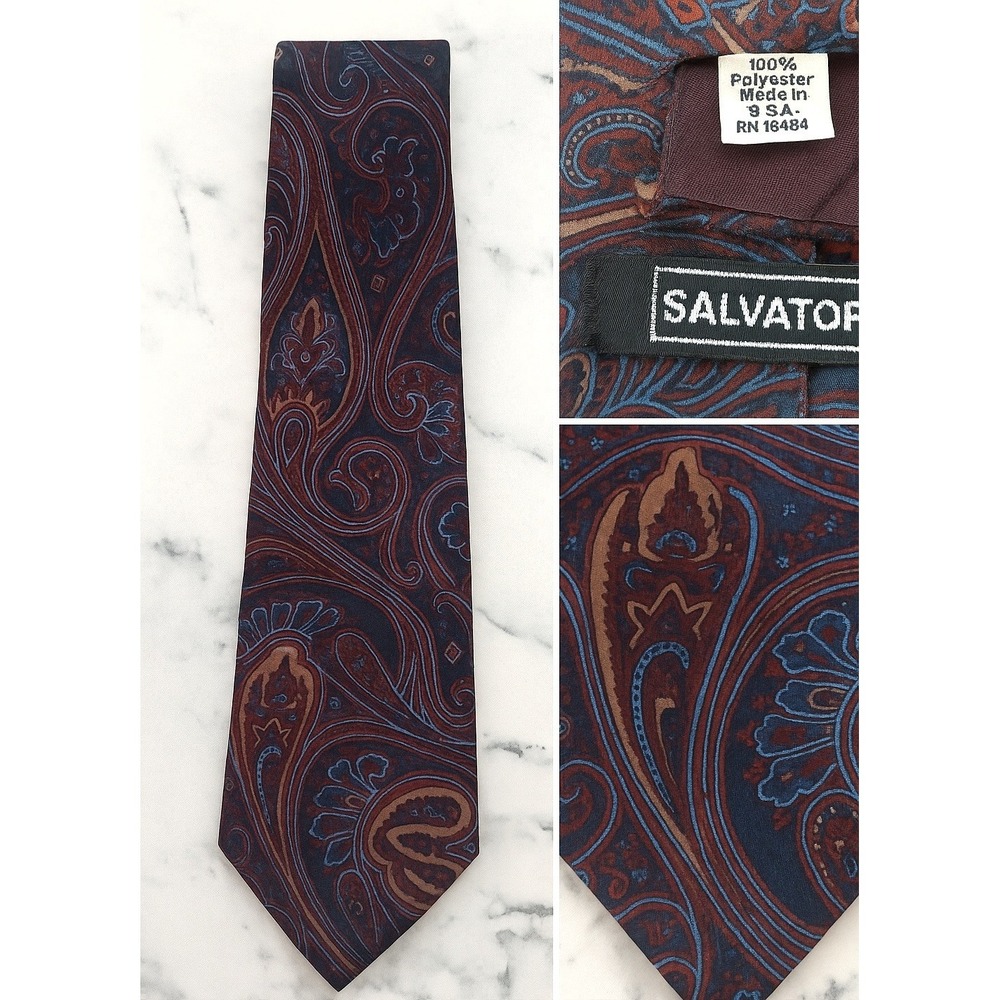 Salvatori Paisley Necktie Men's‎ 100% Polyester USA Made Burgundy Navy Brown